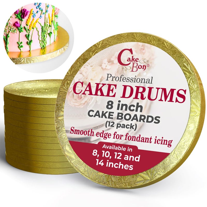 Cakebon ألواح الكيك من كيكبون - براميل الكيك القوية مقاس 1/2 بوصة - لوح الكيك الذهبي مقاس 8 بوصة بحواف مستقيمة ناعمة احترافية 12 قطعة - طبلة الكيك مقاس 8 بوصة - Image 1